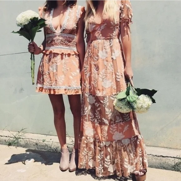 For Love & Lemons Mia Maxi Peach Lace Dress Floral Embroidered Sheer Panel XS - Picture 4 of 15